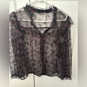 Zara Floral Sheer Black Button Down Blouse with Ruffles Size Medium Women’s